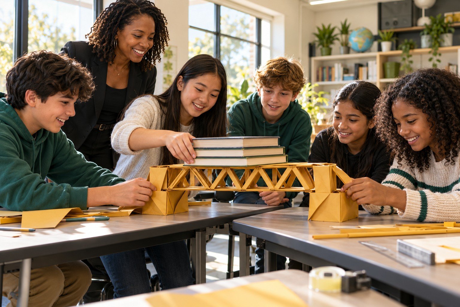 Middle school students collaborating on a paper bridge challenge with a facilitator