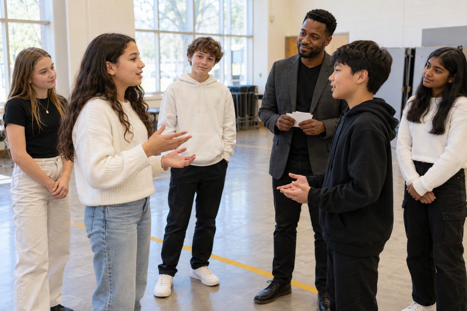 Middle school students practicing communication through a facilitated role-play activity