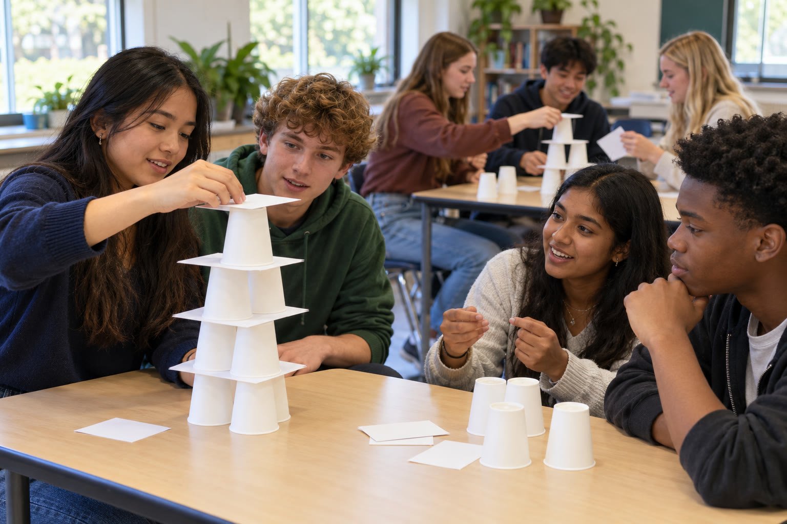 High school students collaborating on a hands-on classroom challenge