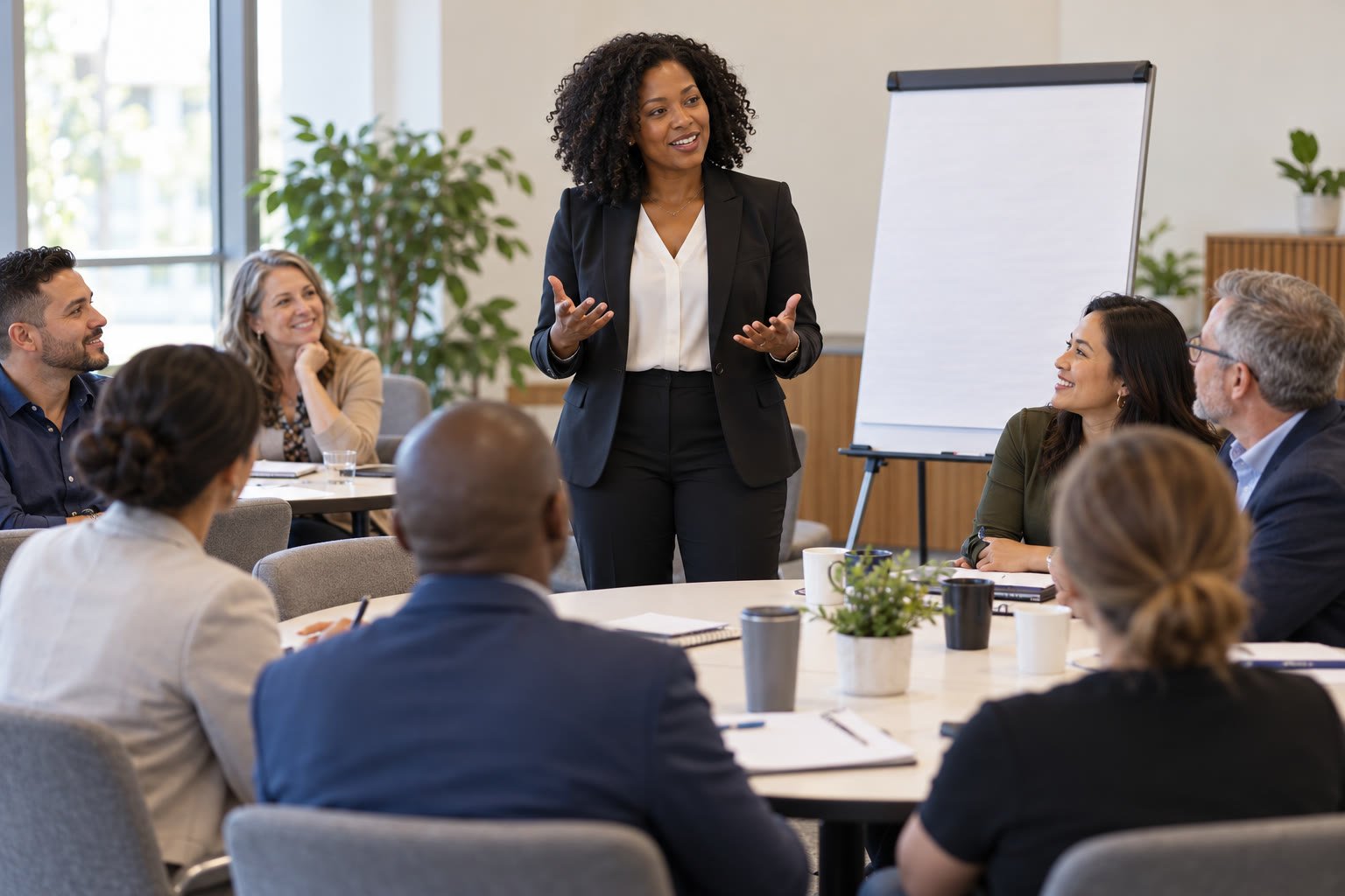 A facilitator in business attire working with adult participants